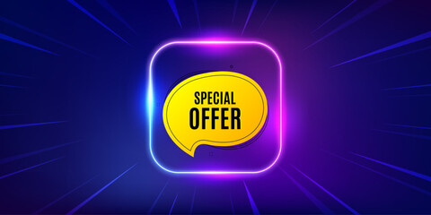 Special offer bubble sticker. Neon light frame offer banner. Discount banner shape. Sale coupon chat icon. Special offer promo event flyer, poster. Sunburst neon coupon. Flash special deal. Vector