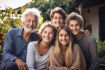 Big family together. Family photo of joyful children and old people. Children and grandchildren visit elderly parents. Family traditions and values. Friendly family. Caring for the elderly.