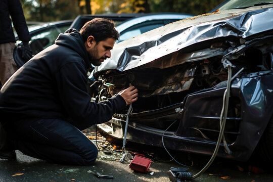 Photo of a mechanic repairing a heavily damaged car