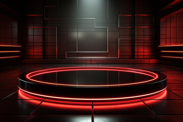 photo red light round podium and black background for mock up realistic image