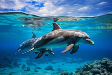 Poster Dolphins swimming underwater of ocean on sunny day © Nate