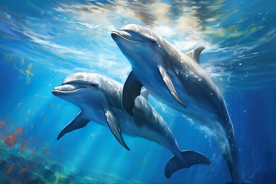 Dolphins swimming underwater of ocean on sunny day