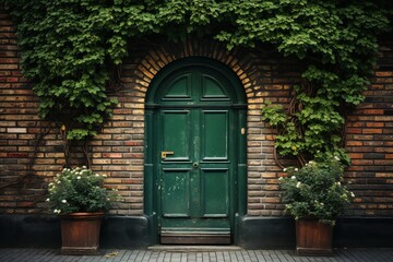 Fototapeta na wymiar Green Wooden Door With Brown Brick Wall