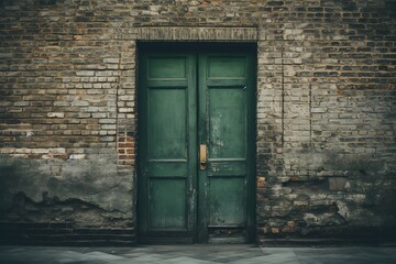 Green Wooden Door With Brown Brick Wall