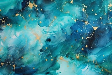Hand painted alcohol ink background with gold glitter stars