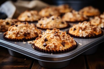 freshly baked muffins peeking from a tin