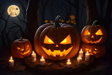 Halloween pumpkin head jack lantern with burning candles, Spooky Forest with a full moon and wooden table, Pumpkins In Graveyard In The Spooky Night - Halloween Backdrop. Ai Generative