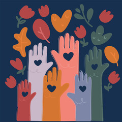 Cartoon vector illustration of adult and child hands holding heart, health care, donate and family insurance concept,world heart day, world health day, responsibility, adoption foster family, hope, gr