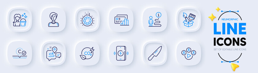 Card, Knife and Brush line icons for web app. Pack of Video conference, Collagen skin, Journey pictogram icons. Support, Businesswoman person, Wireless charging signs. Co2 gas, Gear, Cleaning. Vector