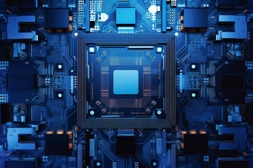 A powerful computer processor or chip on a motherboard. Modern technologies. Blue background.