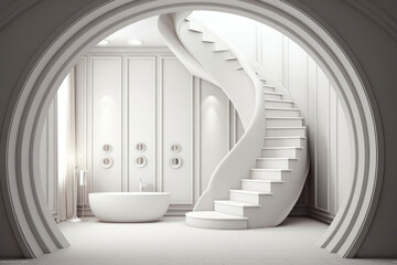 3d illustration of White staircase with white color wallpaper