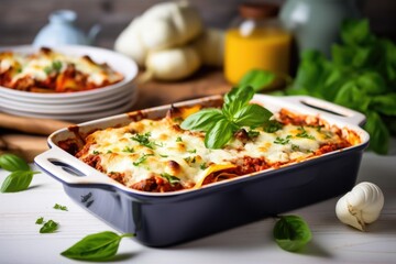 casserole dish filled with freshly baked lasagna