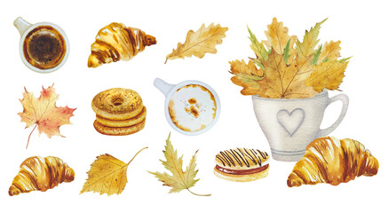 Watercolor autumn cup of coffee with cookies, cinnamon and autumn leaves