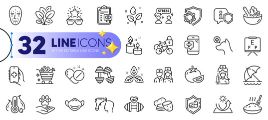 Outline set of Sun protection, Veterinary clinic and Medical mask line icons for web with Medical tablet, Vision board, Potato thin icon. Porridge, Vaccination, Coronavirus pictogram icon. Vector