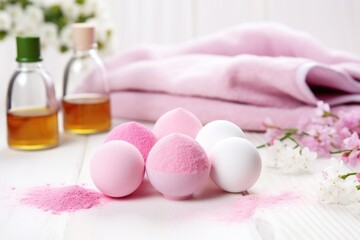 Fototapeta na wymiar pink bath bombs beside white towels and essential oils