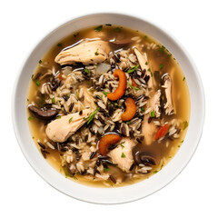 Bowl of Hearty Chicken and Wild Rice Soup on Transparent Background.