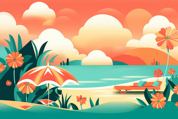 Fototapeta na wymiar Travel, vacation and leisure concept. Retro vintage minimalist travel colorful illustration with beach and palm trees. Pop- art vintage style. Generative AI