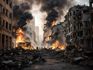 Foto op Plexiglas Collapsed buildings during war © AungThurein
