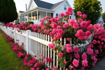 flower bed with pink rose bushes and white picket fence