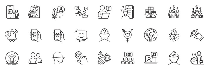 Fototapeta na wymiar Icons pack as Meeting, Phone video and User notification line icons for app include Recovered person, Cursor, Face scanning outline thin icon web set. Music, Global business. Vector