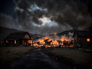 A village is burning down during war - obrazy, fototapety, plakaty