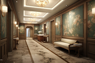 Luxury lobby interior With crystal lamp, Bing hall, carpeted floor, french sash, mosaic tile, comfortable sofa