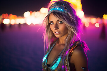 Lifestyles, fashion and make-up concept. Beautiful and sexy woman portrait with carnival costume during festival. Dusk with disco light background during warm sunny evening. Generative AI