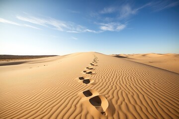 Fototapeta na wymiar footprints in desert sand leading into the horizon
