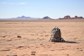 Naklejka premium a backpack left alone in an open desert landscape