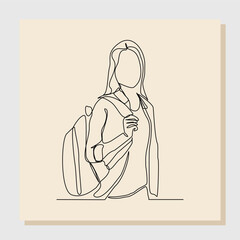 Continuous line drawing art of college campus student woman with bag backpack. Vector illustration single one line art