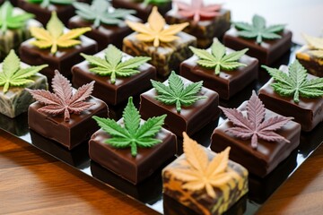 Sweets with marijuana leaf design infused with medical cannabis. Generative AI - obrazy, fototapety, plakaty