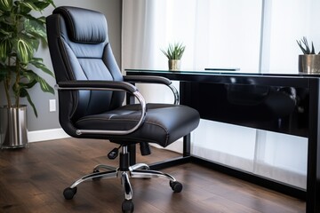 black leather office chair in front of a sleek glass desk