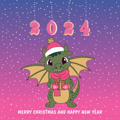 Christmas card with a cute green dragon symbol of 2024. Funny green dragon with a gift. Merry Christmas and Happy New Year card. Vector. Vector illustration. Vector illustration