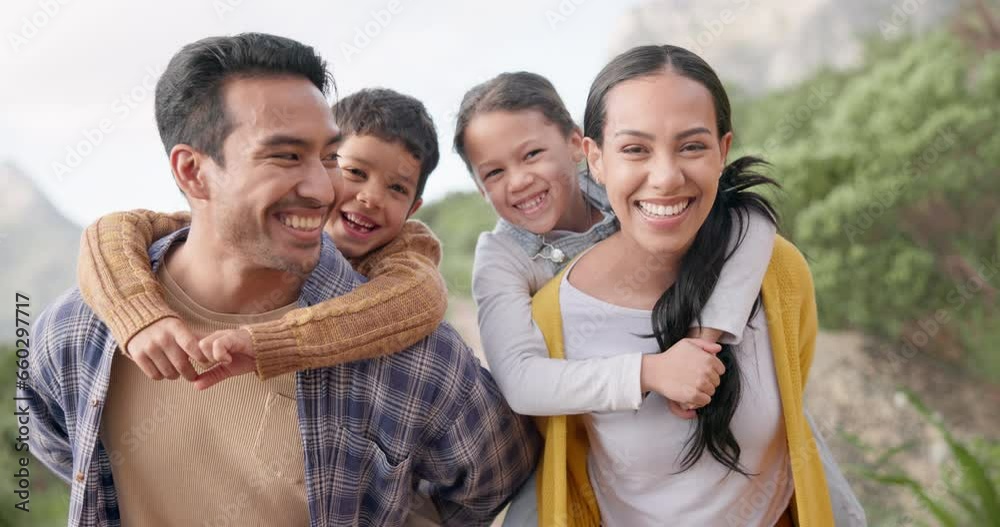 Sticker Face, happy and family piggyback in nature on vacation, holiday or travel together. Portrait, parents carry kids outdoor and smile of father, mother and children bond, care or support in countryside