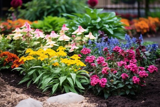 a mulch covered flower bed with robust perennials