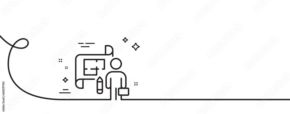 Poster plan line icon. continuous one line with curl. architect project sign. architecture design symbol. p