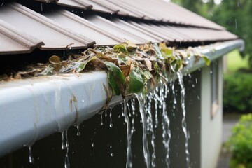 rainwater overflowing from a clogged white gutter - obrazy, fototapety, plakaty