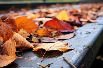 collection of fallen leaves on a rooftop gutter