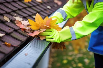 pair of gloved hands removing leaves from a gutter