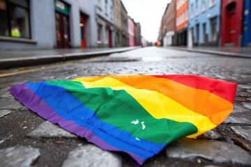 a defaced pride flag lying on a dirty street