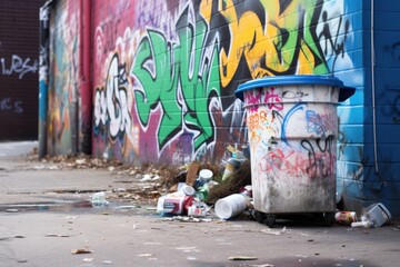Obraz premium overturned trash can near a wall with graffiti