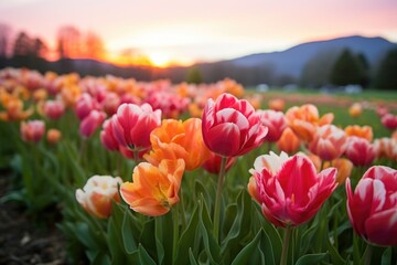 cluster of tulips in a field - obrazy, fototapety, plakaty
