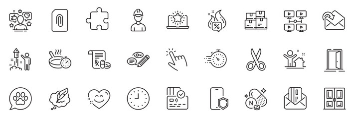 Fototapeta na wymiar Icons pack as Cut, Medical prescription and Receive mail line icons for app include Hot offer, Smile chat, Card outline thin icon web set. Best laptop, Attachment, Frying pan pictogram. Vector