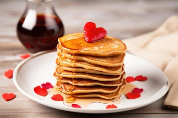 stacked heart-shaped pancakes with syrup for valentines day breakfast