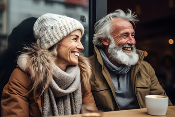 happy old couple in winter clothes