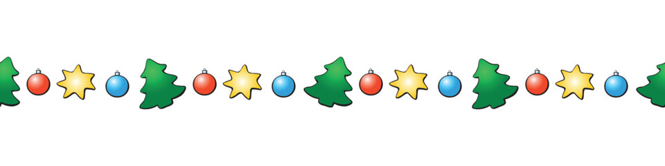 Edging, ribbon, border of color figures of Christmas trees, stars, xmas balls. Vector seamless pattern, ornament, horizontal decorative element for New Year, Christmas design - obrazy, fototapety, plakaty