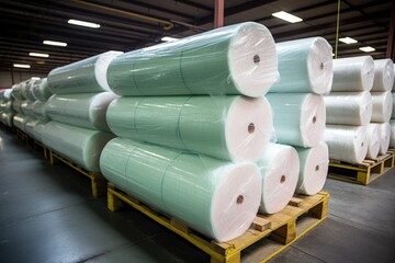 rolls of fiberglass insulation stored in a warehouse