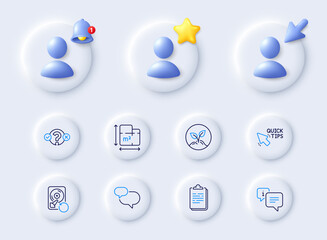Startup, Clipboard and Quiz test line icons. Placeholder with 3d cursor, bell, star. Pack of Floor plan, Quick tips, Recovery hdd icon. Info, Chat message pictogram. For web app, printing. Vector
