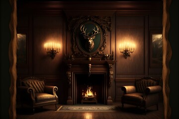 This dark oakpaneled room looks like a hunters den Mounted above the fireplace is a stags head and positioned around the outskirts of the room are three stuffed wolves  - obrazy, fototapety, plakaty