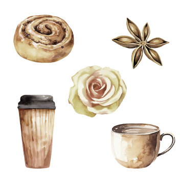 Watercolor vector set of fall essential and food, isolated on white background. Set contains cinnamon, paper cup of coffee, mug, yellow rose, bun, for making cards, invitations.